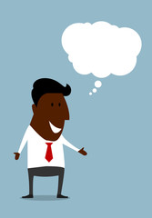 Happy black businessman with speech bubble