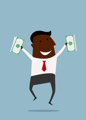 Happy businessman jumping with money