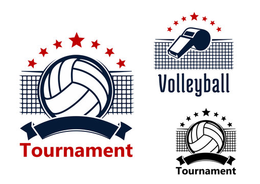 Volleyball emblems with balls, whistle and nets