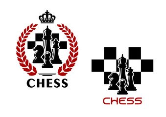 Chess emblems with chessmen and chessboard