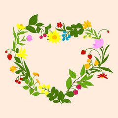 Floral heart frame with flowers and berries