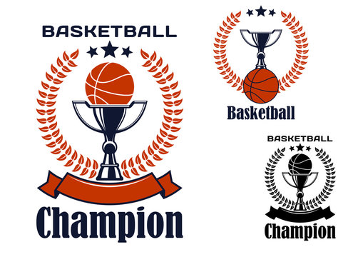 Basketball champion emblems with balls and trophies
