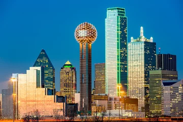Fototapete Stadtgebäude Skyline von Dallas bei Sonnenuntergang