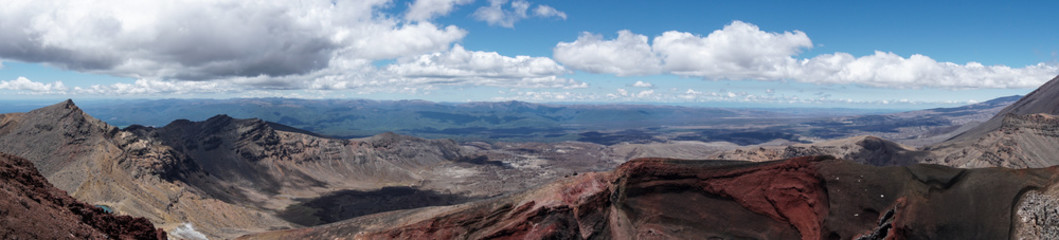 Fototapeta na wymiar Wide panorama view of volcanoes and valleys at Tongariro crossing 