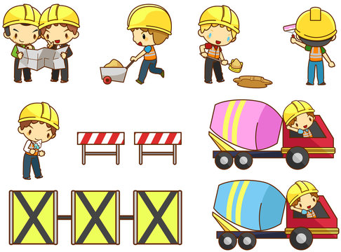 Cartoon children engineer labor worker working on construction site vector