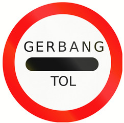 Passing without stopping prohibited road sign with the words: Toll plaza in Indonesian