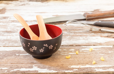 Japanese wood bowl on wooden table