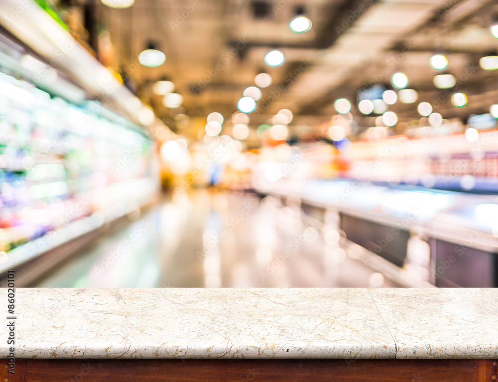 Aufkleber empty marble table top and blurred supermarket bokeh light in ba