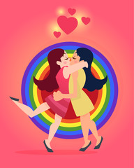 Homosexual Couples on rainbow pattern and heart vector illustrat