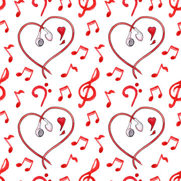 Red notes earphones hearts music vector seamless pattern