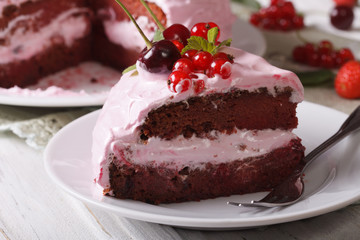 piece of pink cake with fresh berries close-up horizontal
