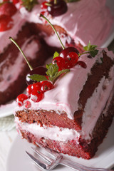 piece of pink cake with fresh berries macro vertical
