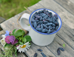 Close up of honeyberry with wildflowers