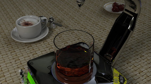 DINNER SOON / Robot waiters serving dinner.
laser melts the frozen bourbon.