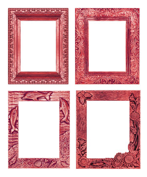 Set 4 antique red frame isolated on white background, clipping p