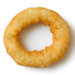 Single deep fried onion or calamari ring isolated from above.