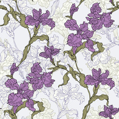 Seamless pattern with violet iris flower