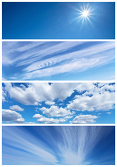 Blue sky and various types of clouds. Collage. Natural backgrounds