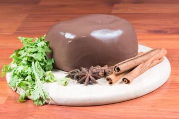 chicken blood, coriander, star anise, Cinnamon sticks 
