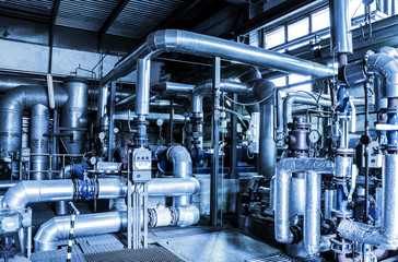 Fototapeta na wymiar Industrial zone, Steel pipelines and equipment in thermal power