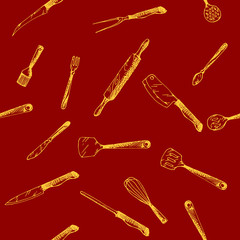 Hand drawn Kitchen Utensils Set pattern