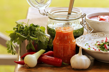 Sauce assortment -tomato sauce, pesto,adzhika,Tzatziki