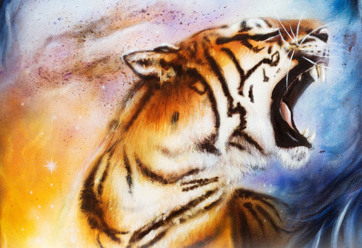 painting tiger painting collage on abstract  background, wildlif