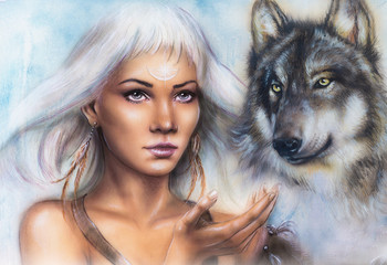 woman portrait with ornament tattoo on face with spiritual wolf © jozefklopacka