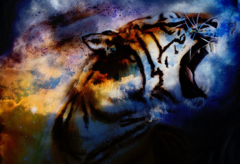 tiger painting collage on abstract cloud background, wildlife an