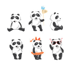 Naklejka premium Set with six cartoon lovely pandas in different poses, planimetric graphics, the sketch.
