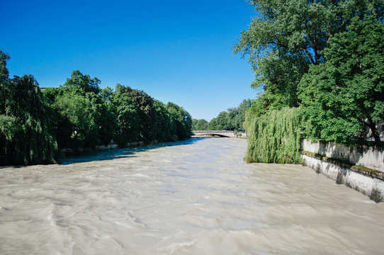 Flood - overflow of water of the Isar river in the center of Munich - Isar River