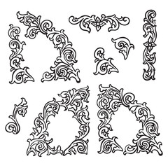 Set of Hand drawing ornamental decorative elements. Carving style