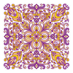 Hand drawing zentangle mandala color element. Italian majolica style