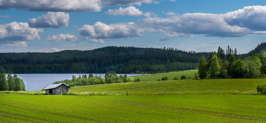 Traditional Finnish North-Carelian panorama scenery with green fields and mountains and lakes with blue cloudy sky. 