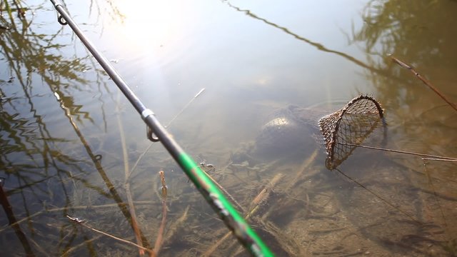 Fishing  in sunrise. Sunlight shines in the water. Spinning on
