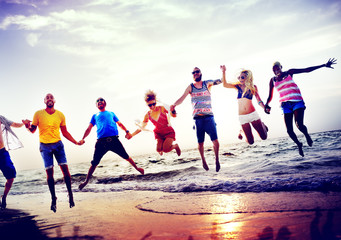 Diverse Beach Summer Friends Fun Jump Shot Concept