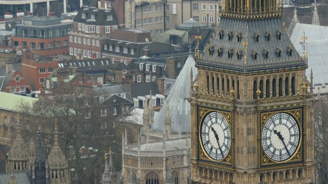 Big Ben from the top view to the bottom. Showing the beautiful structure of Big Ben with the people walking in the street. in 4K