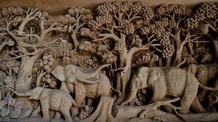 Public Hand Carved Elephants Wood Craft at the temple