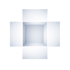 top view of open white box on white background