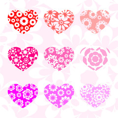 hearts in different shades of pink with patterns