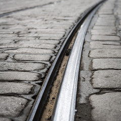 Tram tracks close up in Helsinki