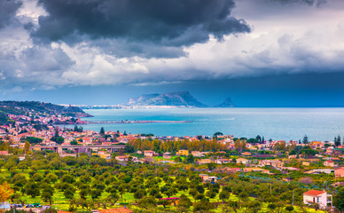 Fototapeta premium Rain clouds over the northern coast of Sicily
