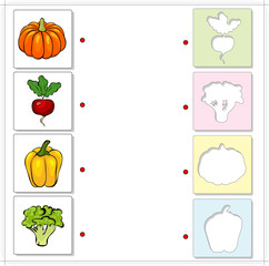 Pumpkin, radishes, peppers and broccoli. Educational game for ki