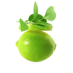 fresh lemon lime citrus fruit with leaves and slice in white background
