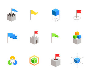 castles and cubes flat vector symbols for branding