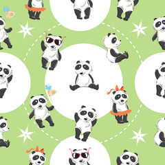 Seamless pattern with nice cartoon pandas on a green background.