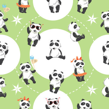 Seamless pattern with nice cartoon pandas on a green background.