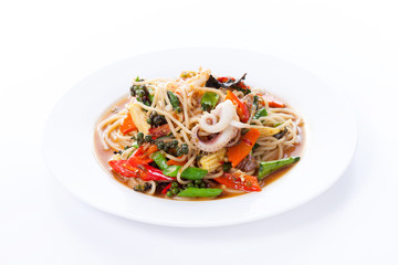 Seafood pasta on white background