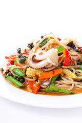 Seafood pasta on white background
