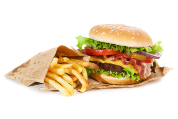 Delicious hamburger and fries